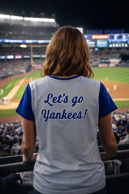 woman wearing lets go yankees womens sports jersey at baseball stadium - fan apparel back view