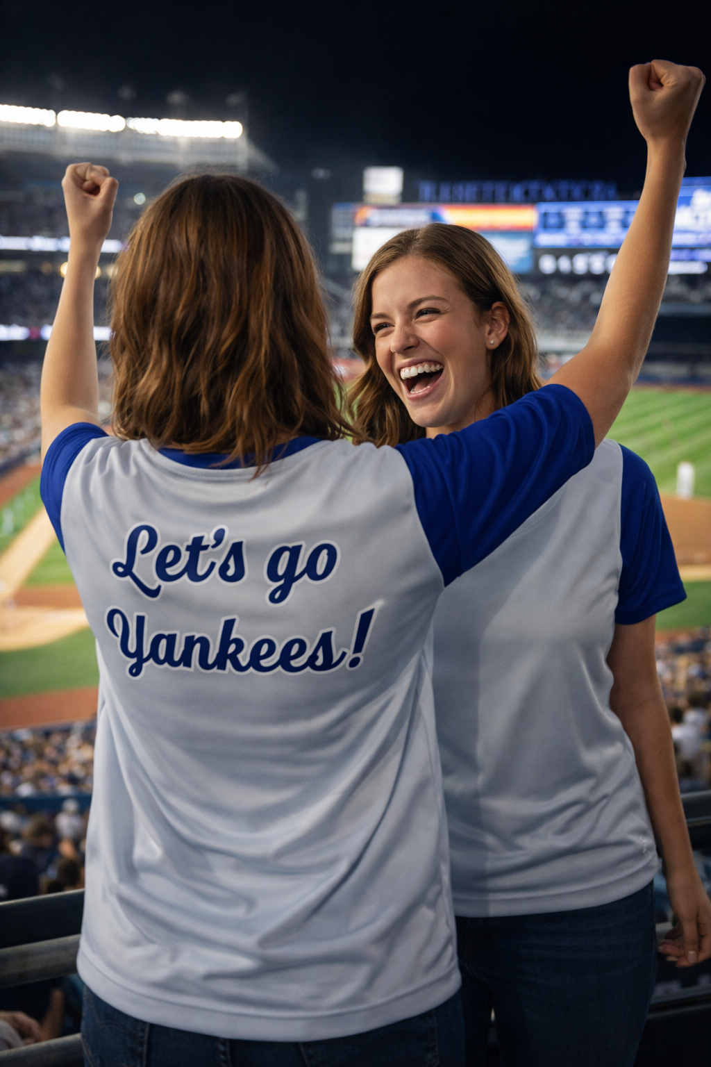 women wearing lets go yankees jerseys cheering at baseball game - fan apparel lifestyle