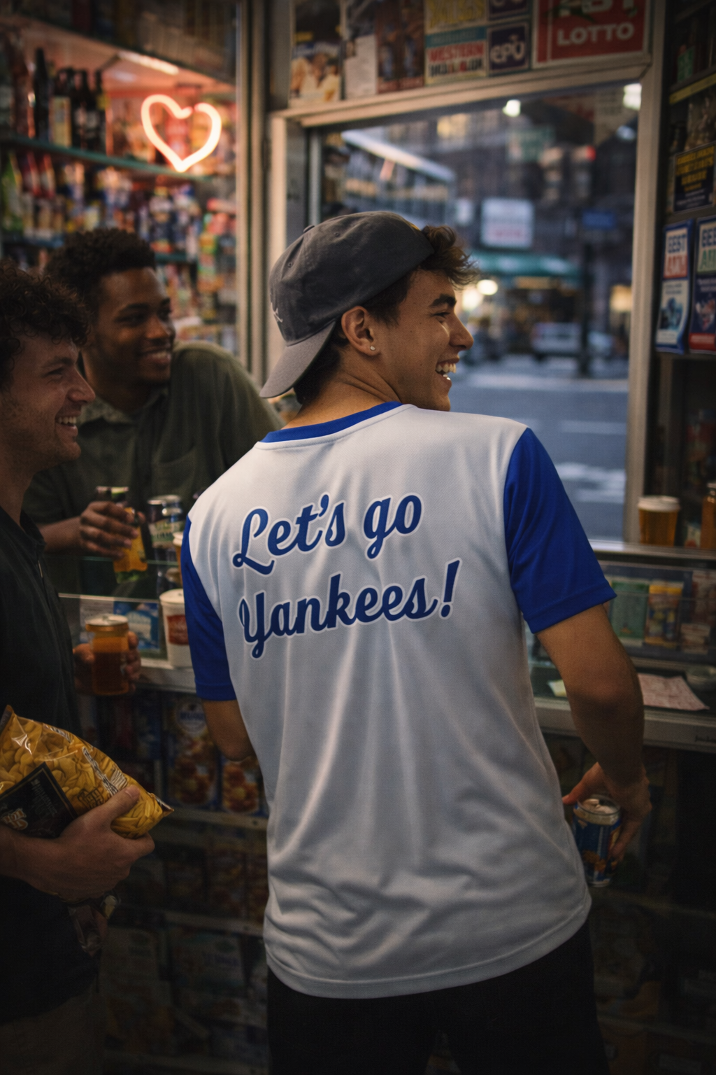 man wearing lets go yankees jersey in nyc store - new york baseball fan shirt