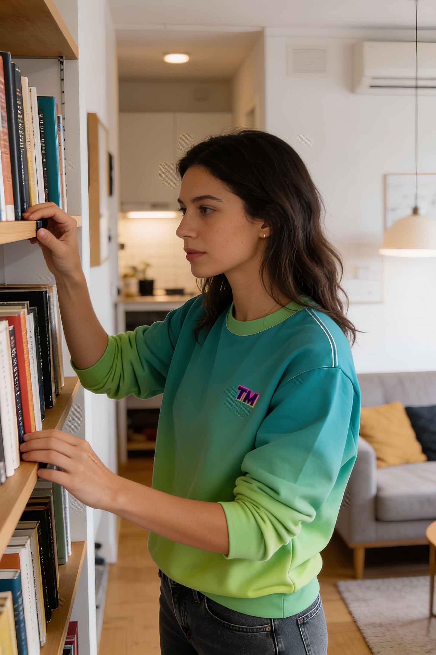 Lime Gradient Unisex Sweatshirt worn by woman browsing bookshelf at home