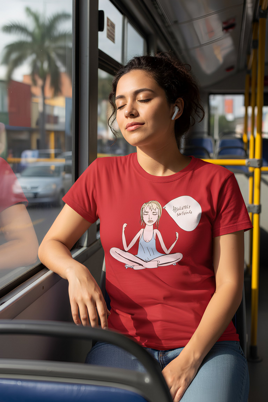 Woman wearing red Log Out graphic T-shirt sitting on bus