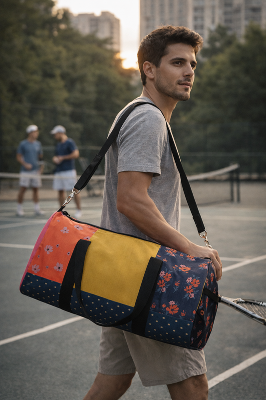 man carrying floral patchwork duffel bag on tennis court - colorful gym travel bag unisex
