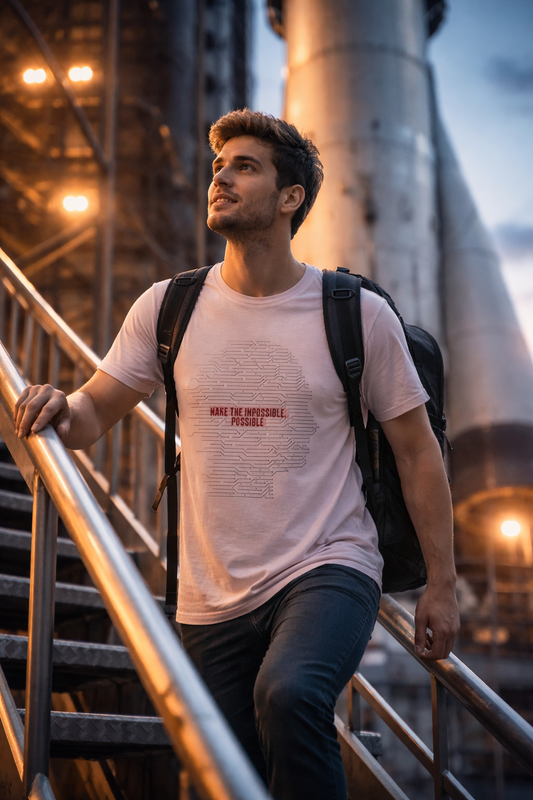 man wearing make it possible t shirt urban setting motivational graphic tee outfit