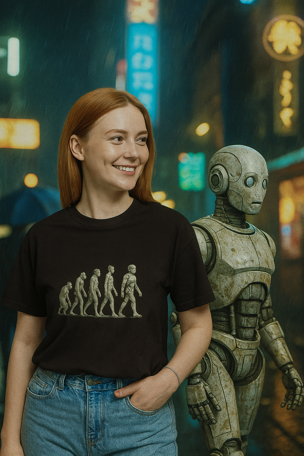 Person wearing a black Man to Machine t-shirt with evolution graphic standing next to a robot in a futuristic cityscape.