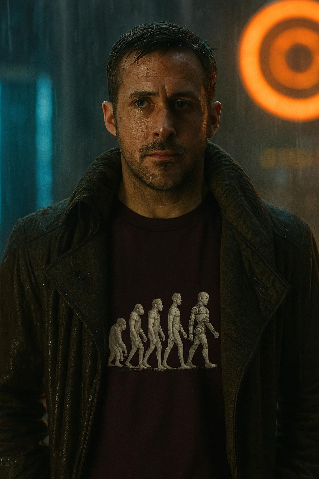 Man wearing a dark jacket with a black Man to Machine T-shirt featuring evolutionary design, standing against a blurred background.