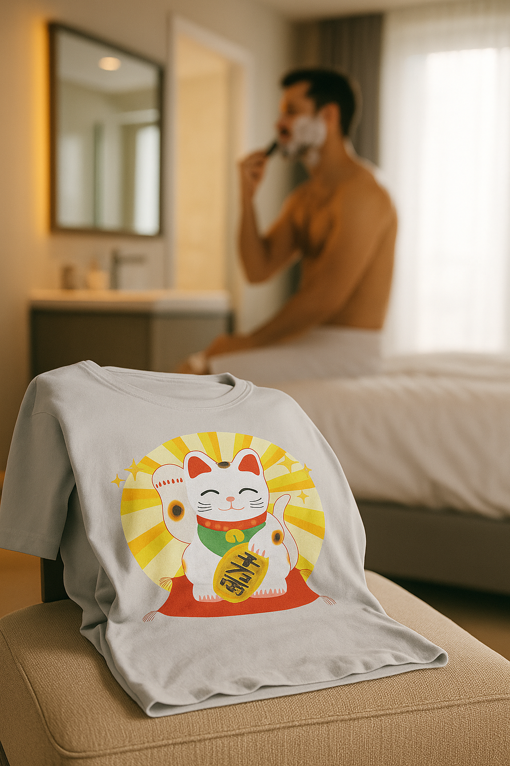 Light gray Maneki Neko t-shirt folded on bed in modern bedroom