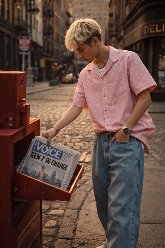 mens pink letter print shirt street style outfit casual typography button up