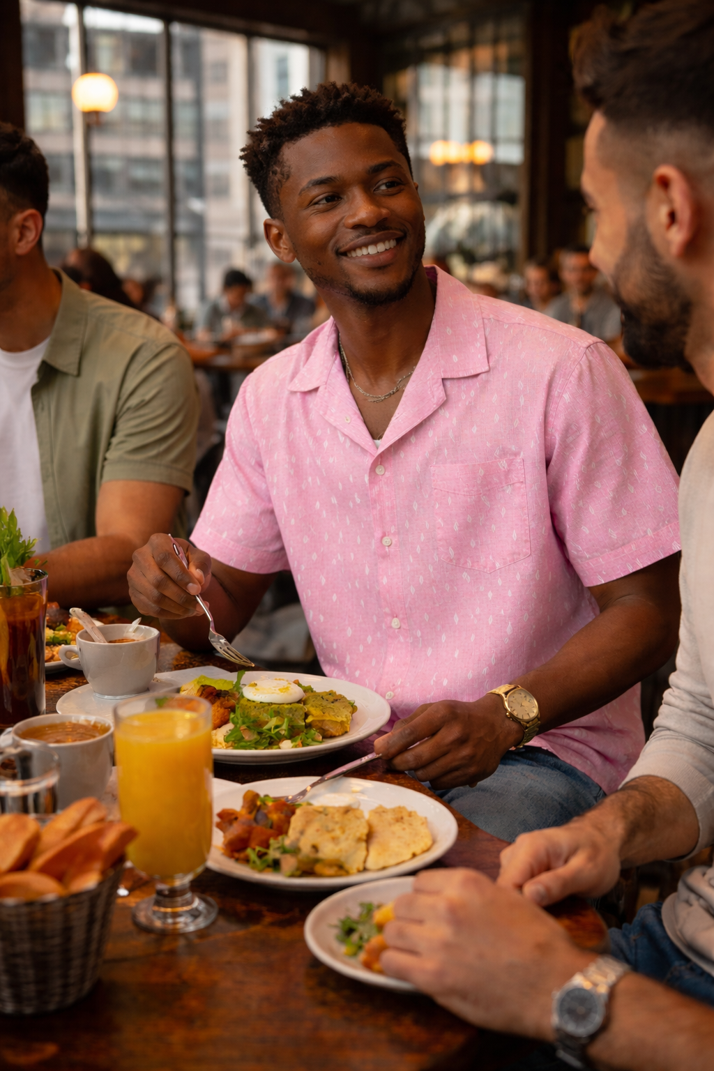 mens pink letter print shirt casual restaurant outfit summer button up