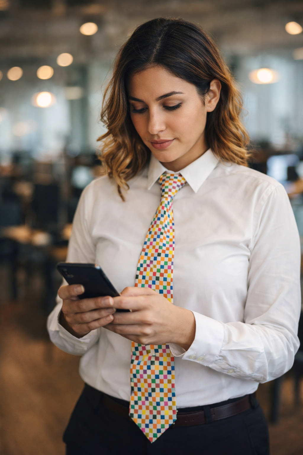Woman wearing a colorful pixel pattern necktie with a white shirt, standing in a modern office while using her smartphone