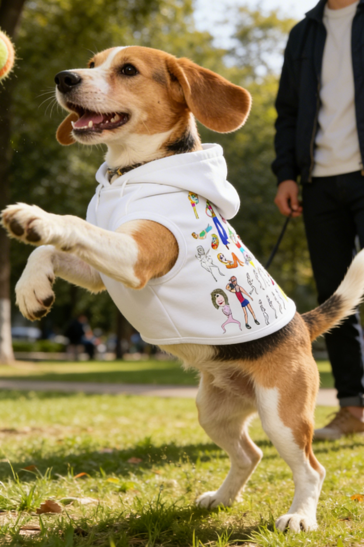 Dog wearing the white Mixed Characters Pet Hoodie playing in a park