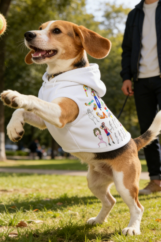 Dog wearing the white Mixed Characters Pet Hoodie playing in a park