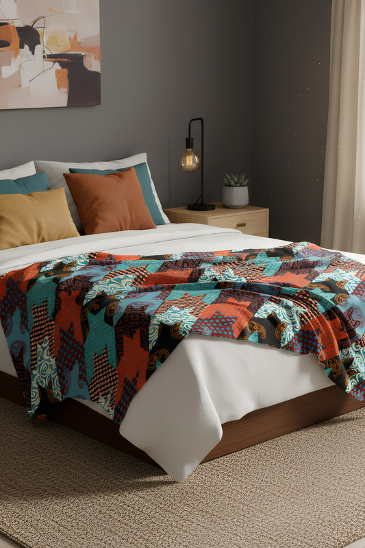Modern Quilt Plush Blanket styled on bed in neutral bedroom