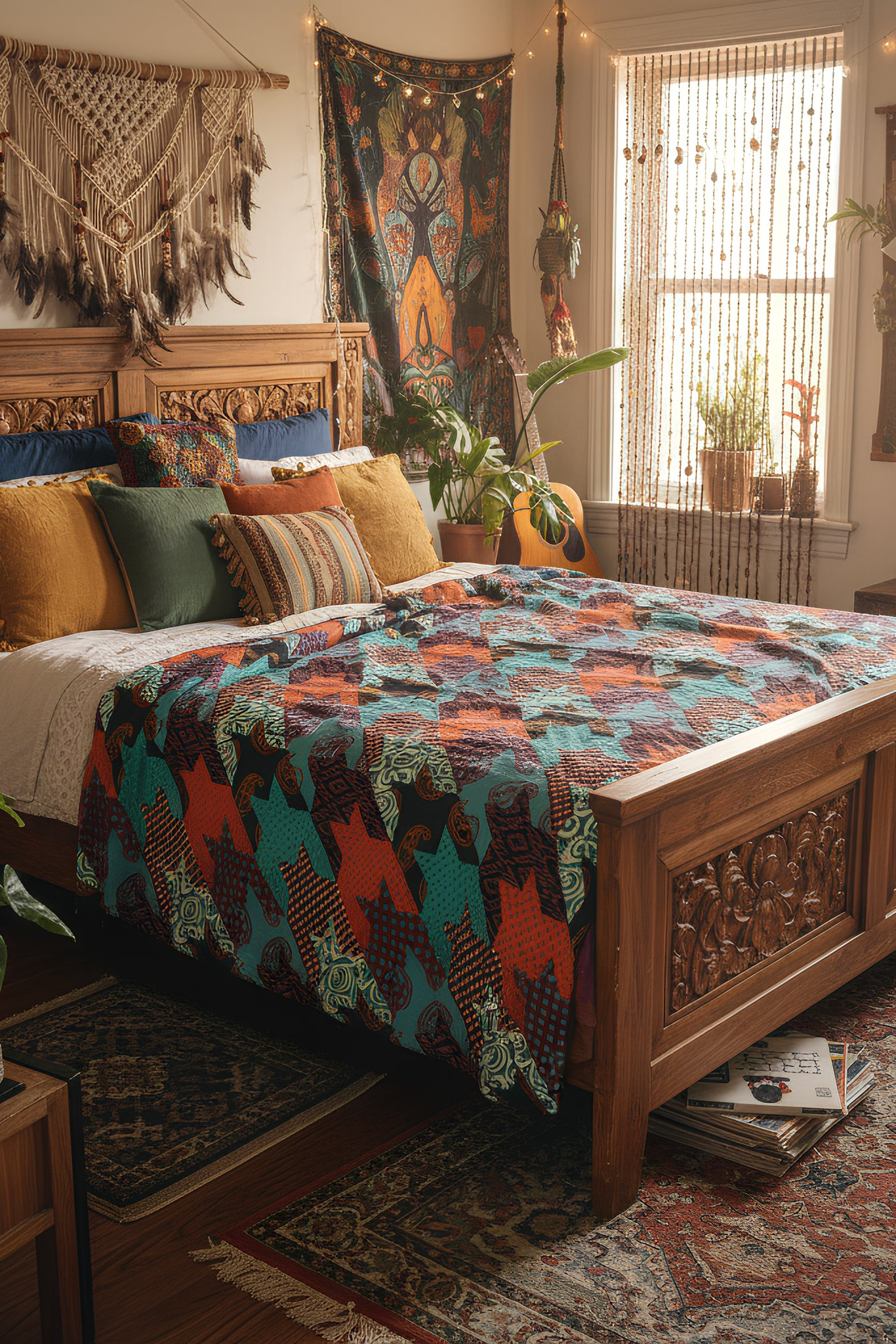 Modern Quilt Plush Blanket styled on cozy boho bed