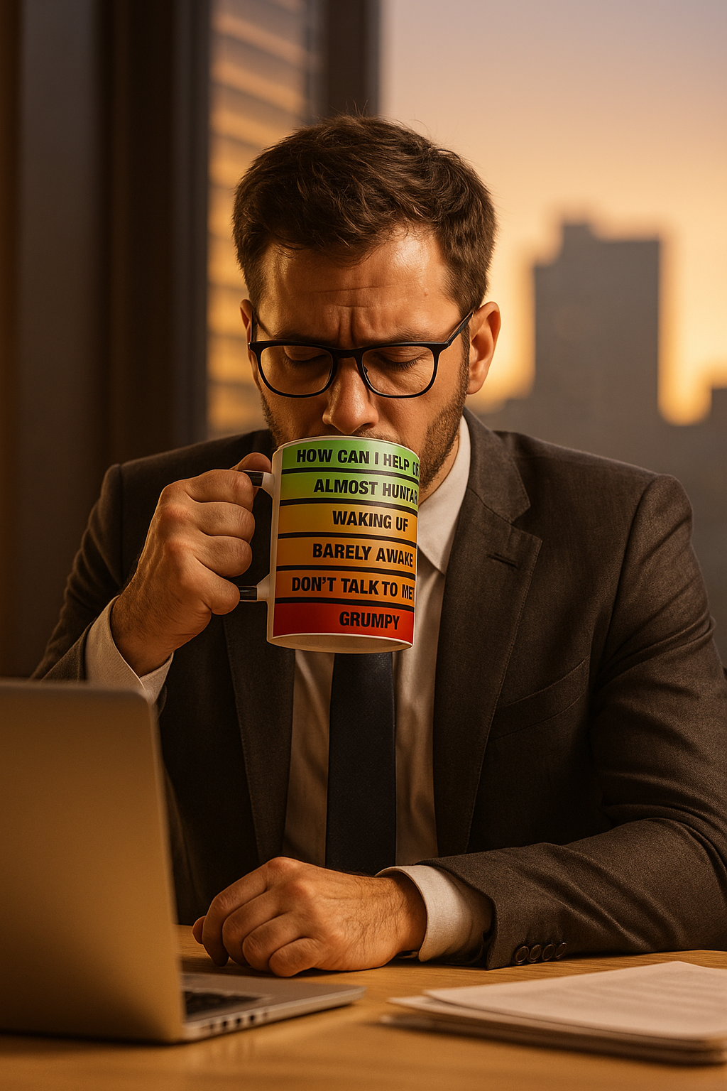 man drinking from mood o meter color changing mug at desk morning coffee