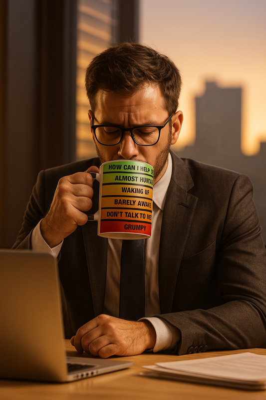 man drinking from mood o meter color changing mug at desk morning coffee