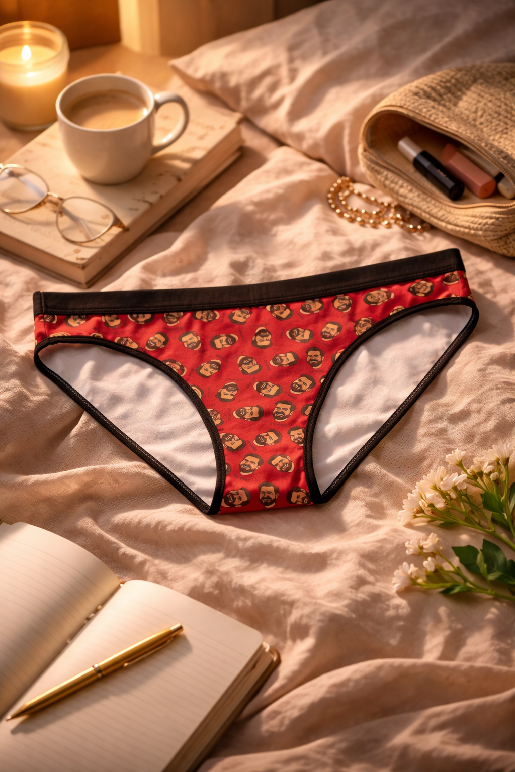 JD Vance graphic panties on bed with coffee, notebook, and candle cozy lifestyle setting