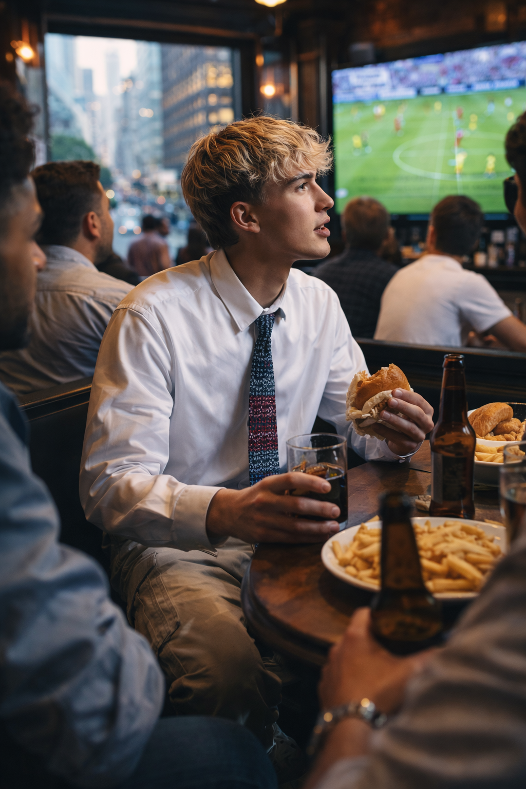 Soccer legends typography necktie worn by young office worker watching football match in sports bar Messi Pele Maradona Beckham Ronaldo tie