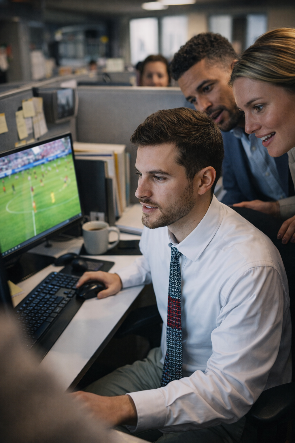 Millennial office worker wearing soccer legends typography necktie while coworkers watch football match on computer screen