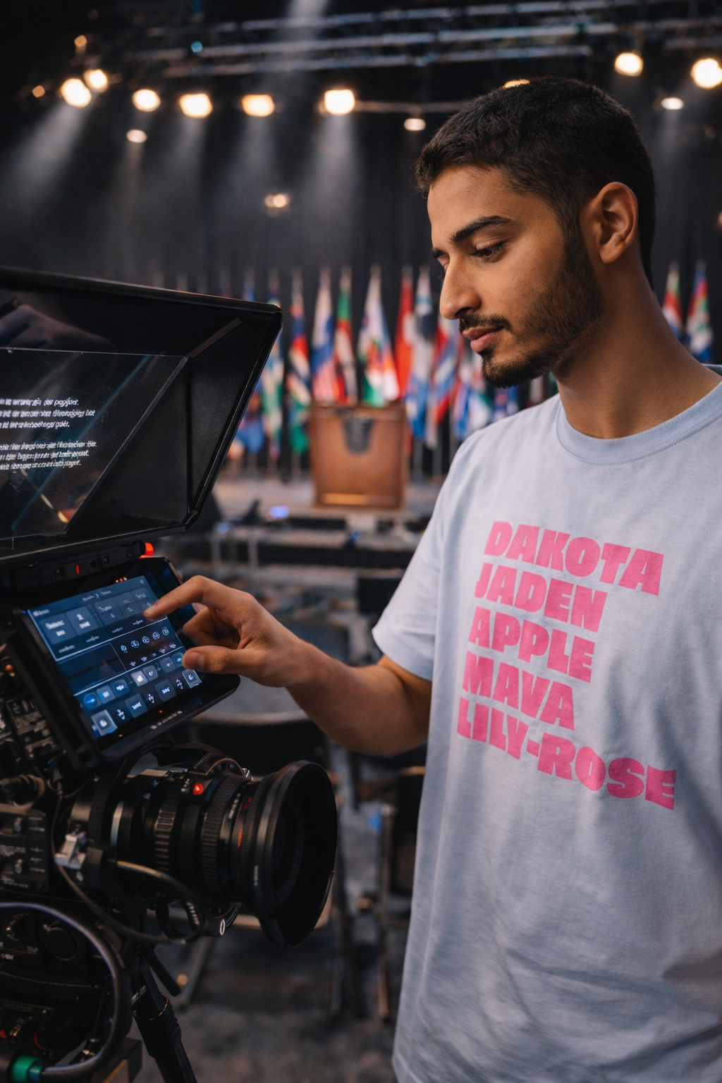 Man wearing Nepo Babies List Unisex graphic T-shirt with Dakota Jaden Apple Maya Lily-Rose design while working with professional camera