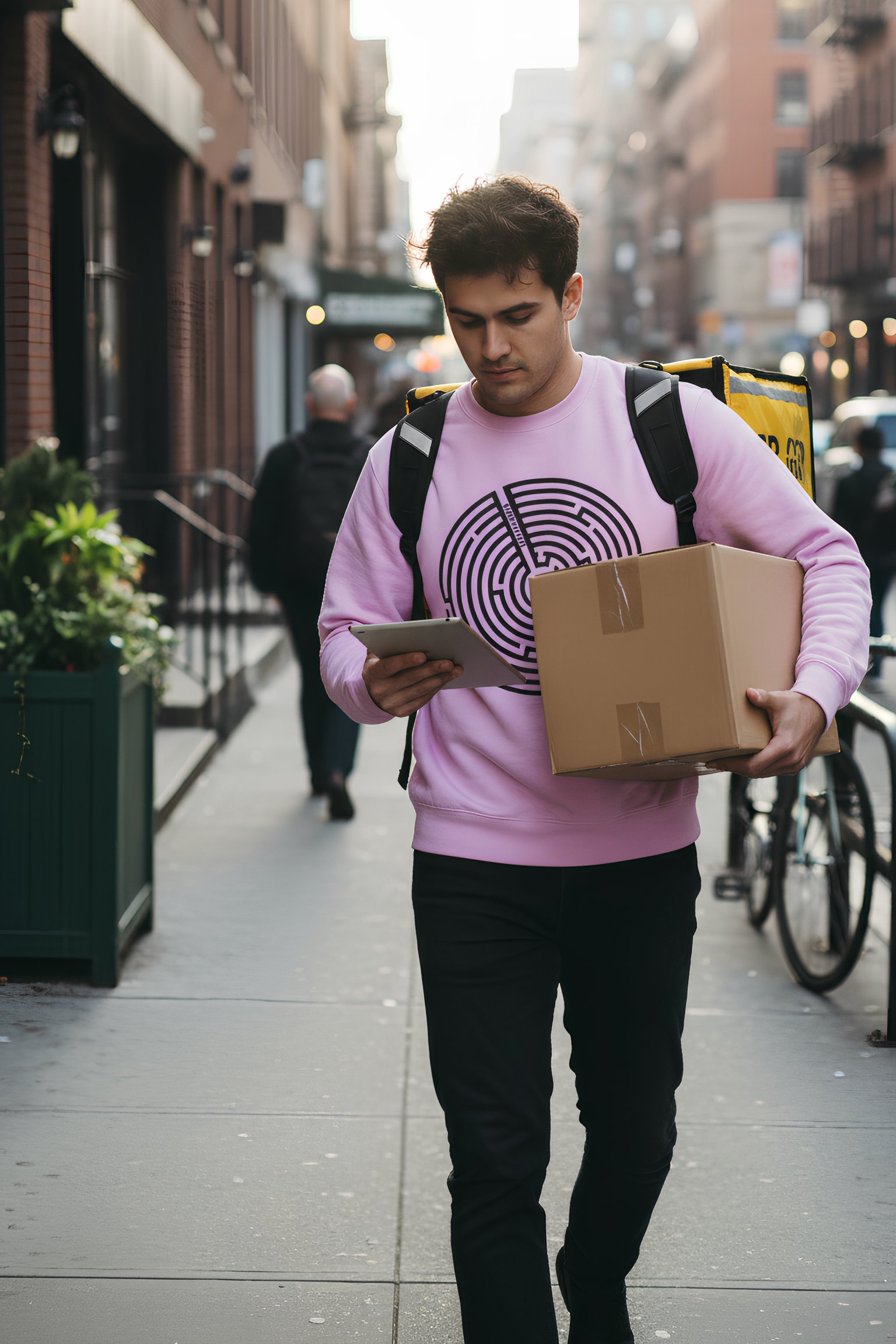 Urban street photo model wearing purple Nepo Sweatshirt with spiral graphic