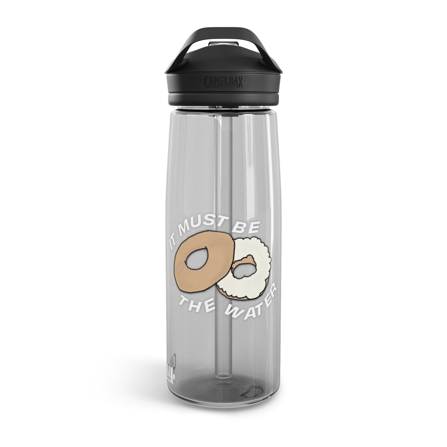 It Must Be The Water reusable water bottle 25oz with donut bagel humor design inspired by New York
