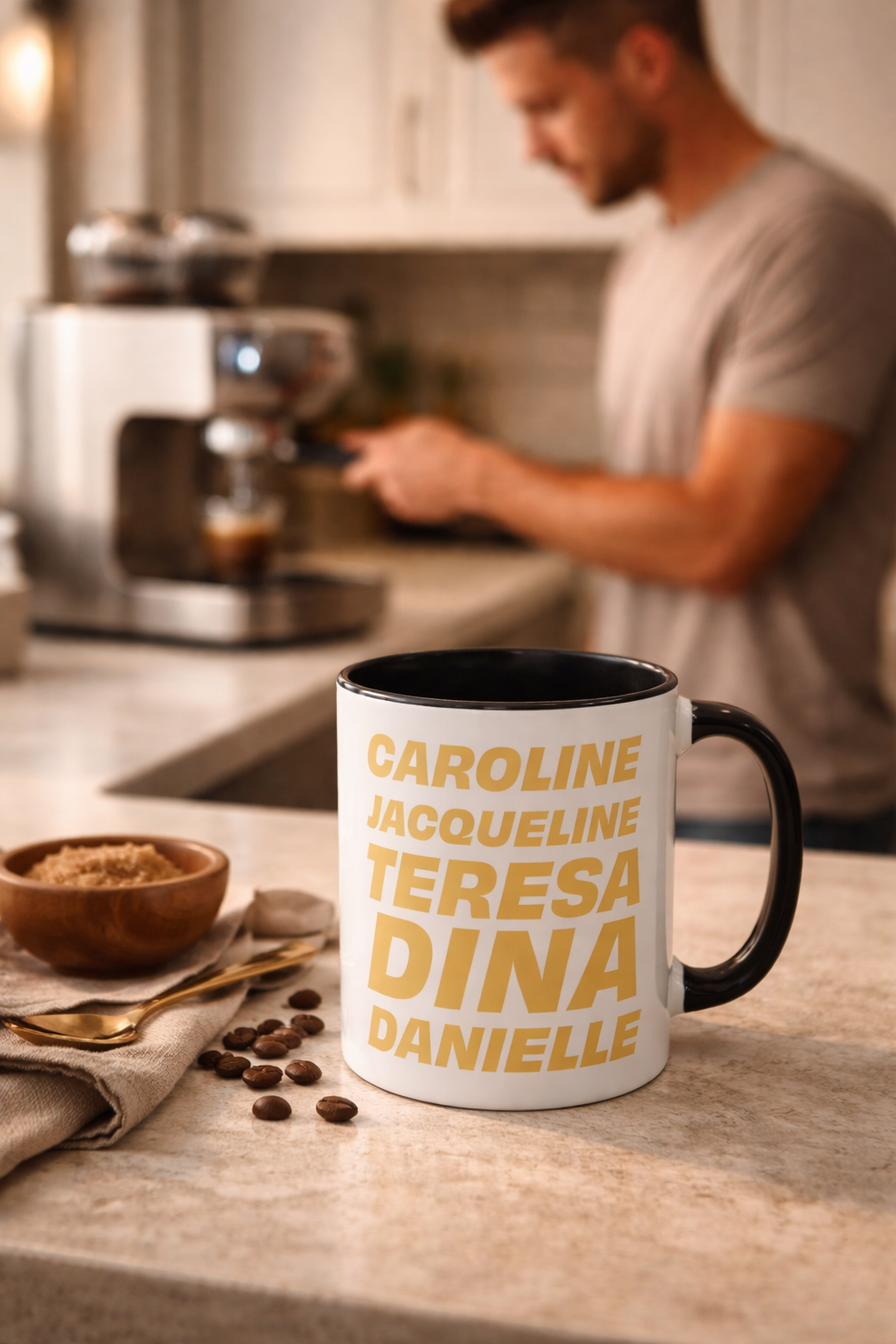 person making coffee with OG NJ housewives mug in kitchen lifestyle