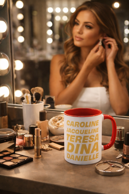woman sitting at vanity with OG NJ housewives coffee mug lifestyle scene
