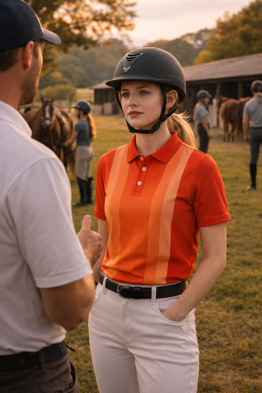 woman wearing orange striped polo shirt at golf course - sporty summer outfit