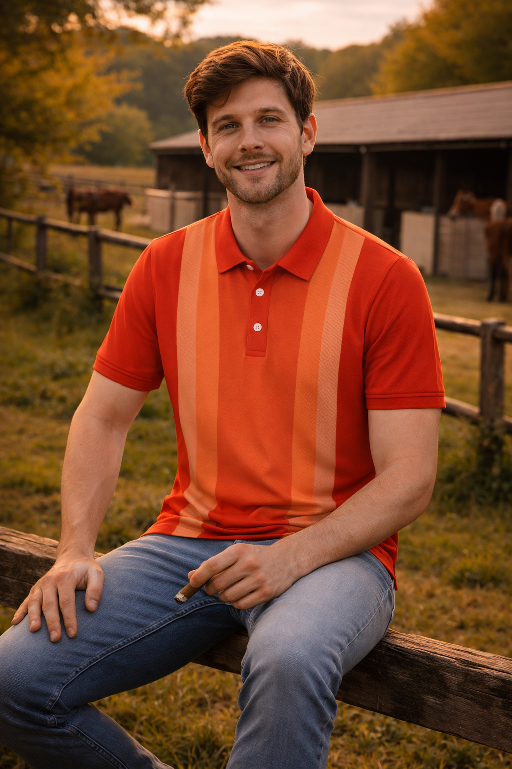 man wearing orange striped polo shirt sitting outdoors - casual sporty style