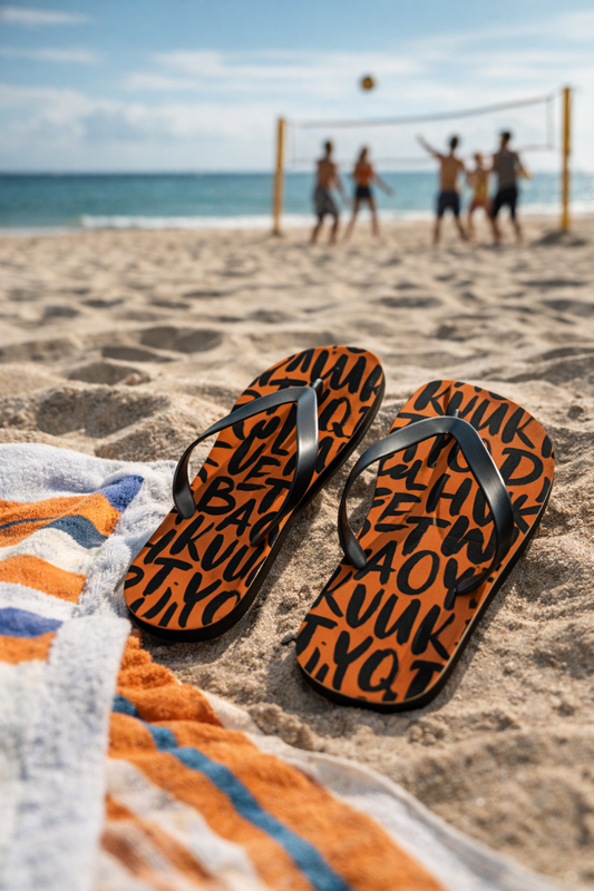 Alphabet City flip flops orange NYC streetwear sandals on beach towel