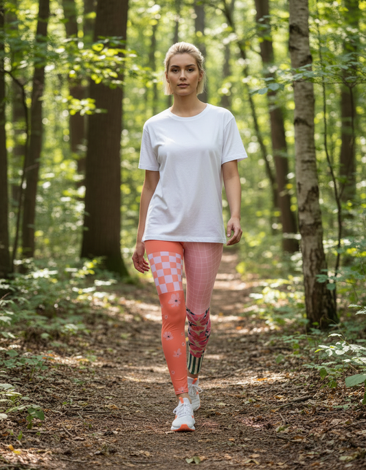 Woman walking on a wooded trail wearing a white T shirt and patterned pink and orange leggings.