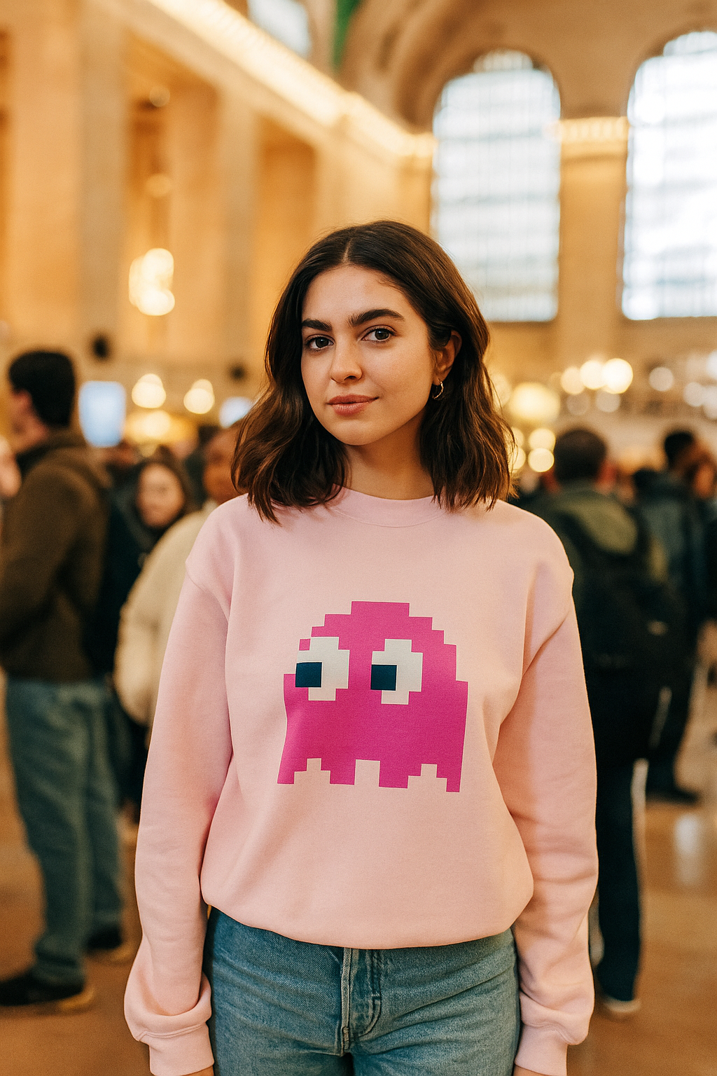 Young woman wearing a pink sweatshirt with a darker shade of  pink pixelated ghost design in a busy indoor setting
