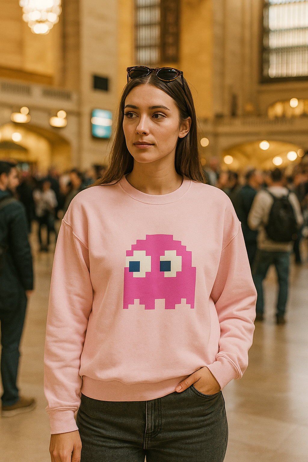 Woman wearing a pink sweatshirt with a pixelated ghost design in a busy indoor setting