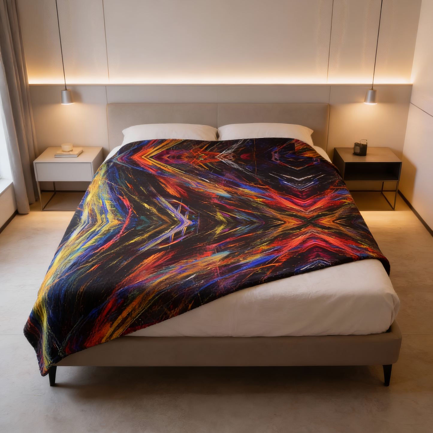 Paint Splash Plush Blanket styled on bed with warm lighting