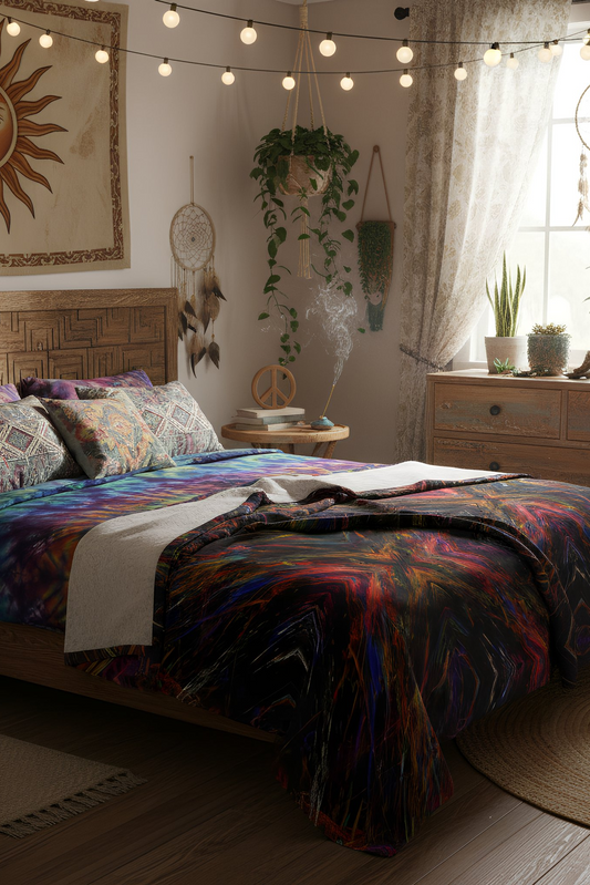 Paint Splash Plush Blanket styled on bed in boho bedroom