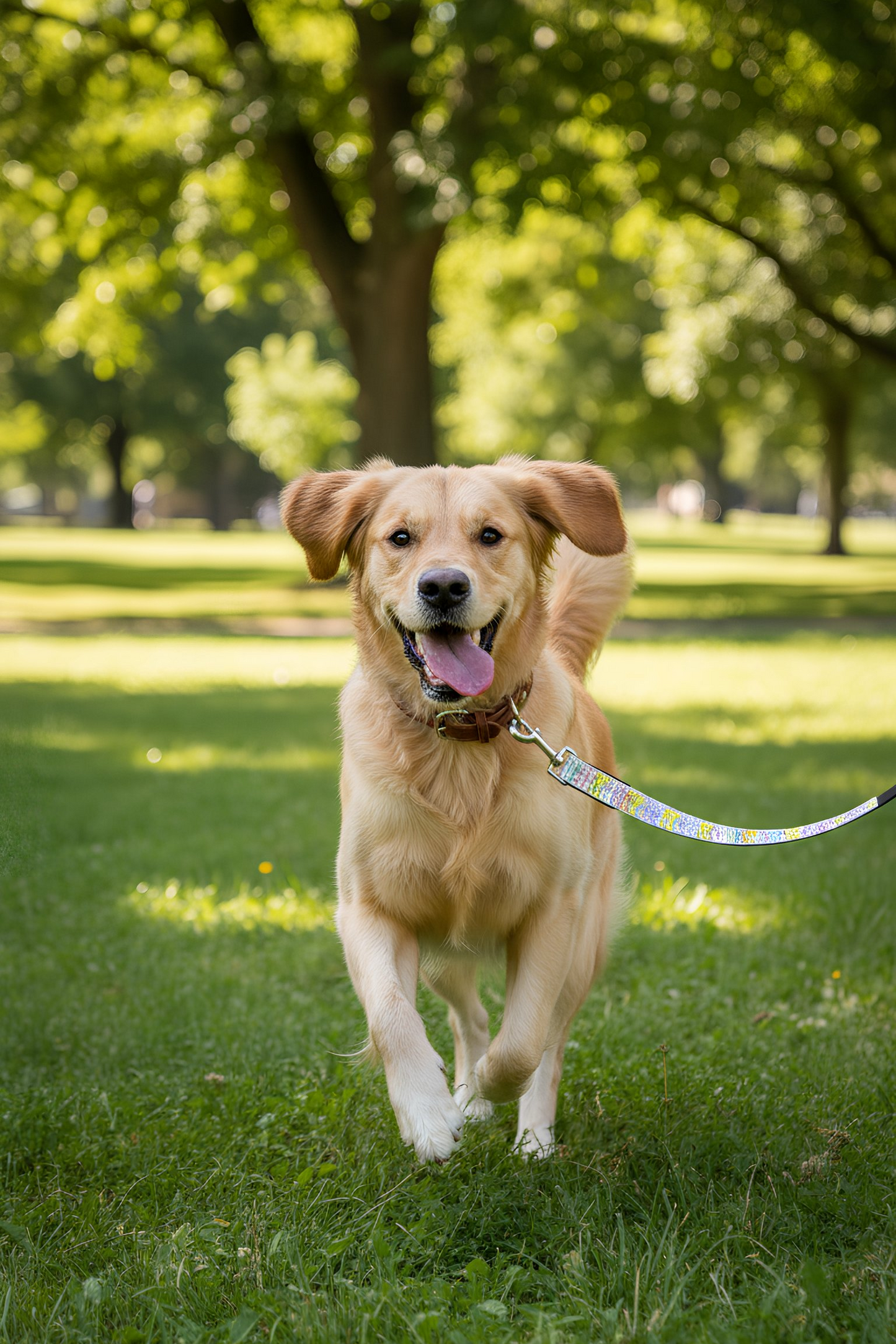 Dog walking outdoors on grass wearing collar attached to Patsy multicolor patterned leash