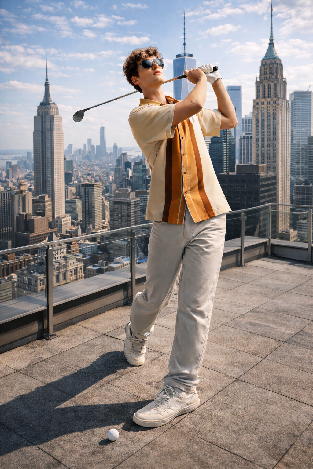 man wearing peach golf men’s shirt striped cuban collar rooftop outfit