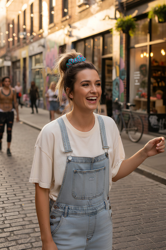 Woman wearing colorful people pattern scrunchie in hair while walking outdoors, casual lifestyle look