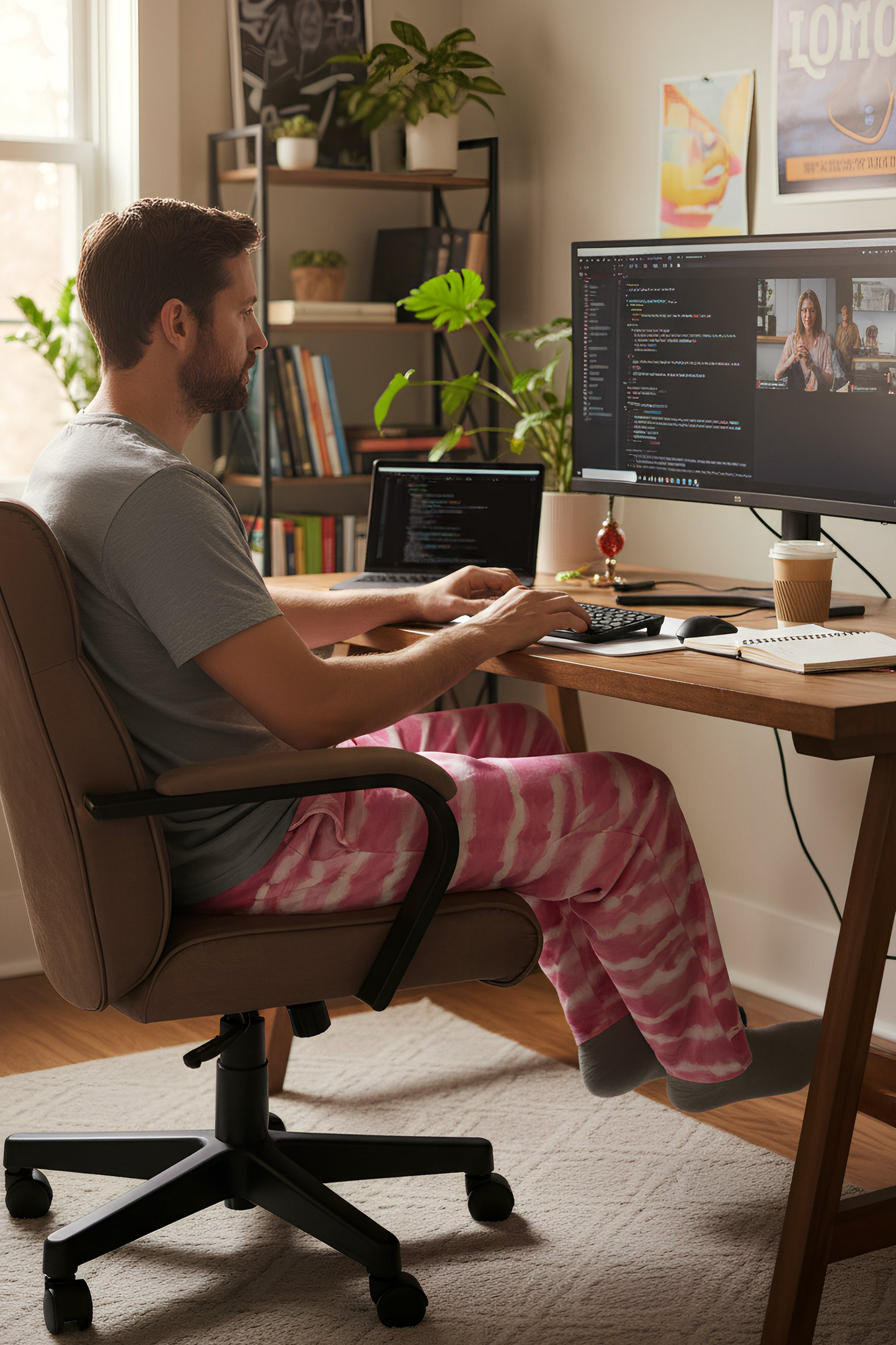 Pink Batik Men’s Pajama Pants worn by man working at a desk at home
