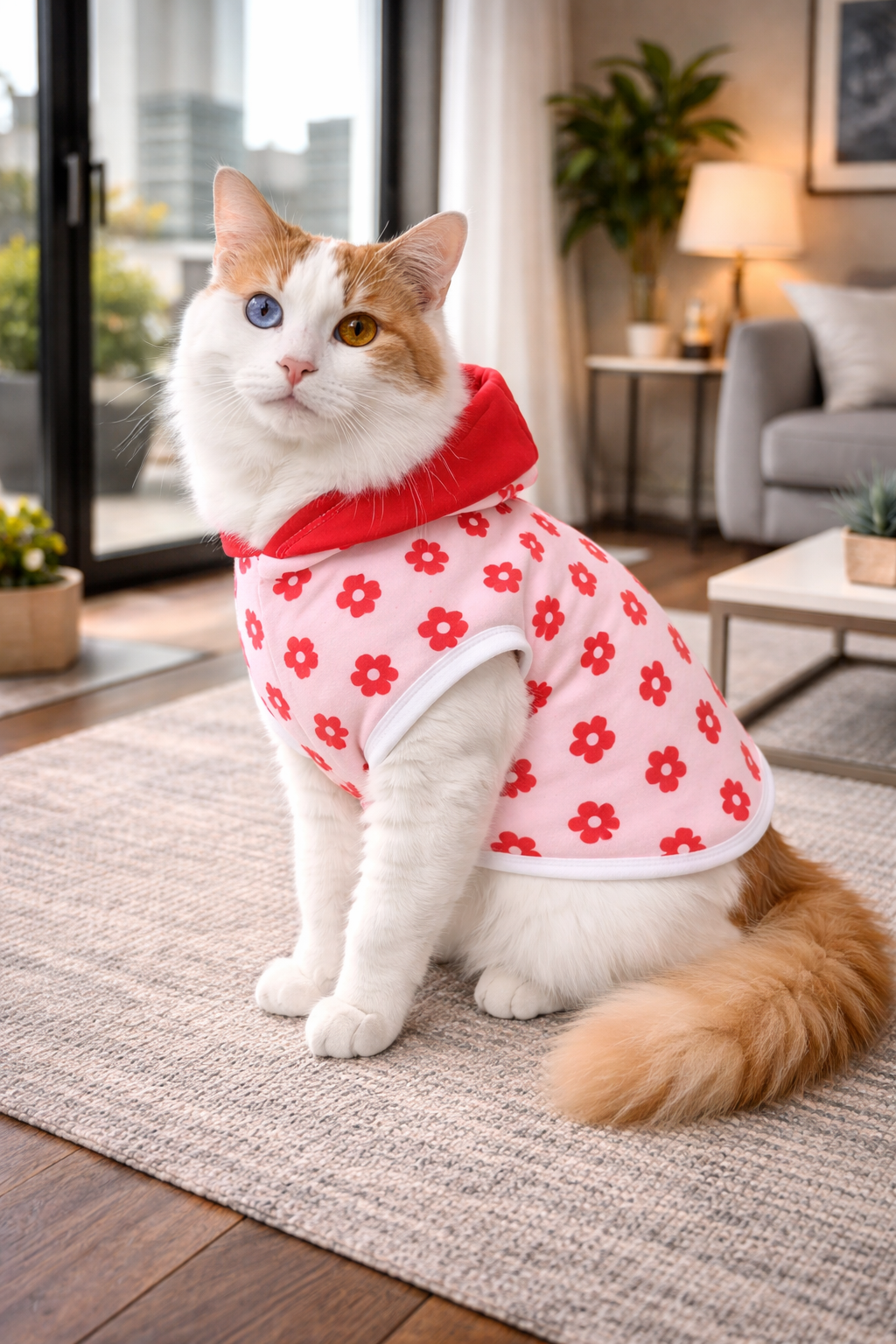 Cat wearing a pink floral outfit with a red hood in a home setting