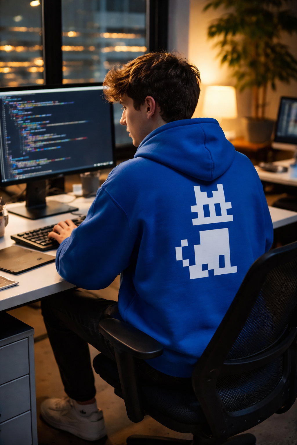 Person wearing a blue Pixel Cat Unisex Hoodie, sitting at a desk with computer monitors.