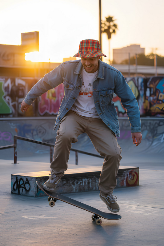 Red Plaid Bucket Hat unisex worn by skateboarder at skate park