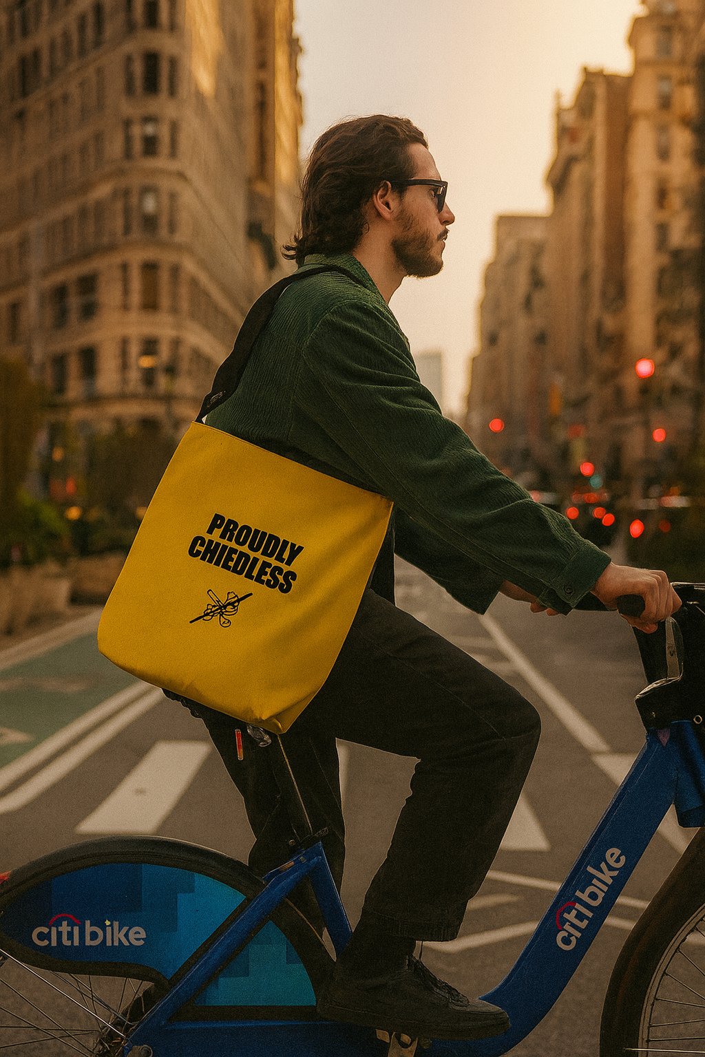 Man riding a bike wearing yellow Proudly Childless adjustable tote bag while walking
