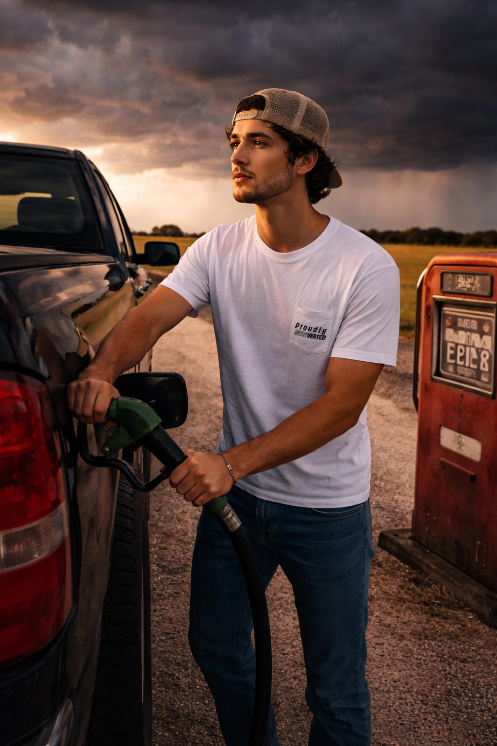 man wearing white proudly introverted pocket t shirt pumping gas sunset