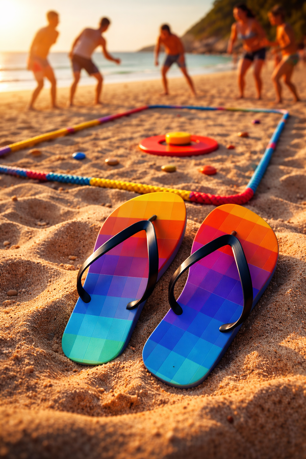 8-bit rainbow flip flops in sand beside beach tejo game field colorful pixel art summer sandals