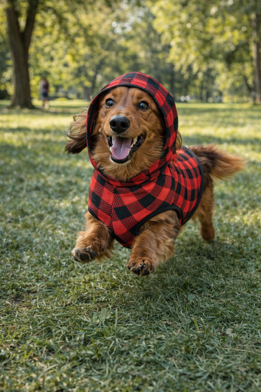Dog wearing the Red Buffalo Plaid Dog checkered hoodie  running on grass