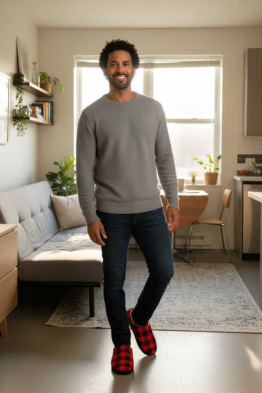 Red & Black Plaid Men’s Slippers worn by model walking in living room