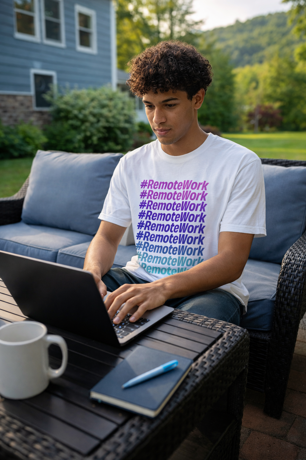 man wearing remote work gradient t shirt working on laptop outdoors
