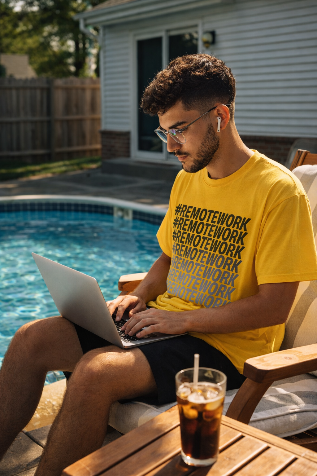 man wearing remote work t shirt working on laptop outdoors