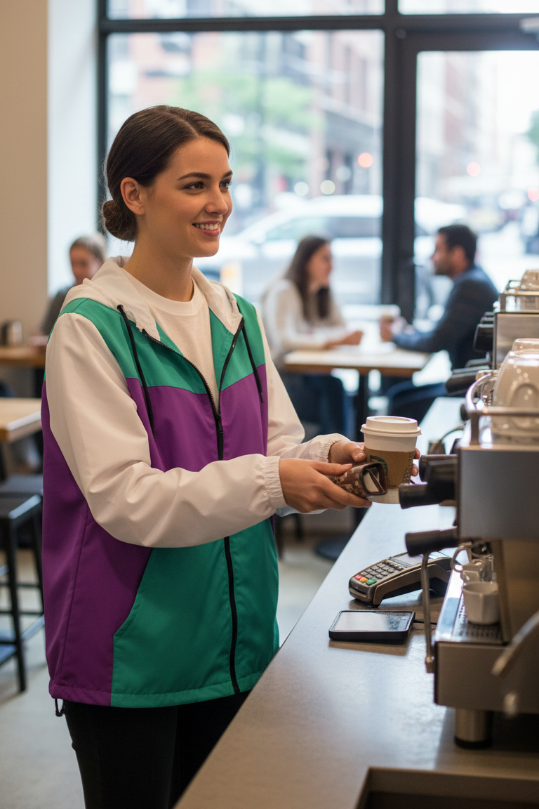 Retro Pink & Green Windbreaker worn by woman working behind café counter